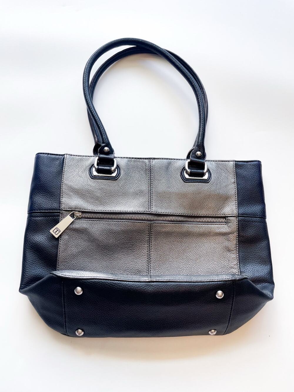 Tignanello Black and Silver Pebbled Leather Shoulder Tote Bag